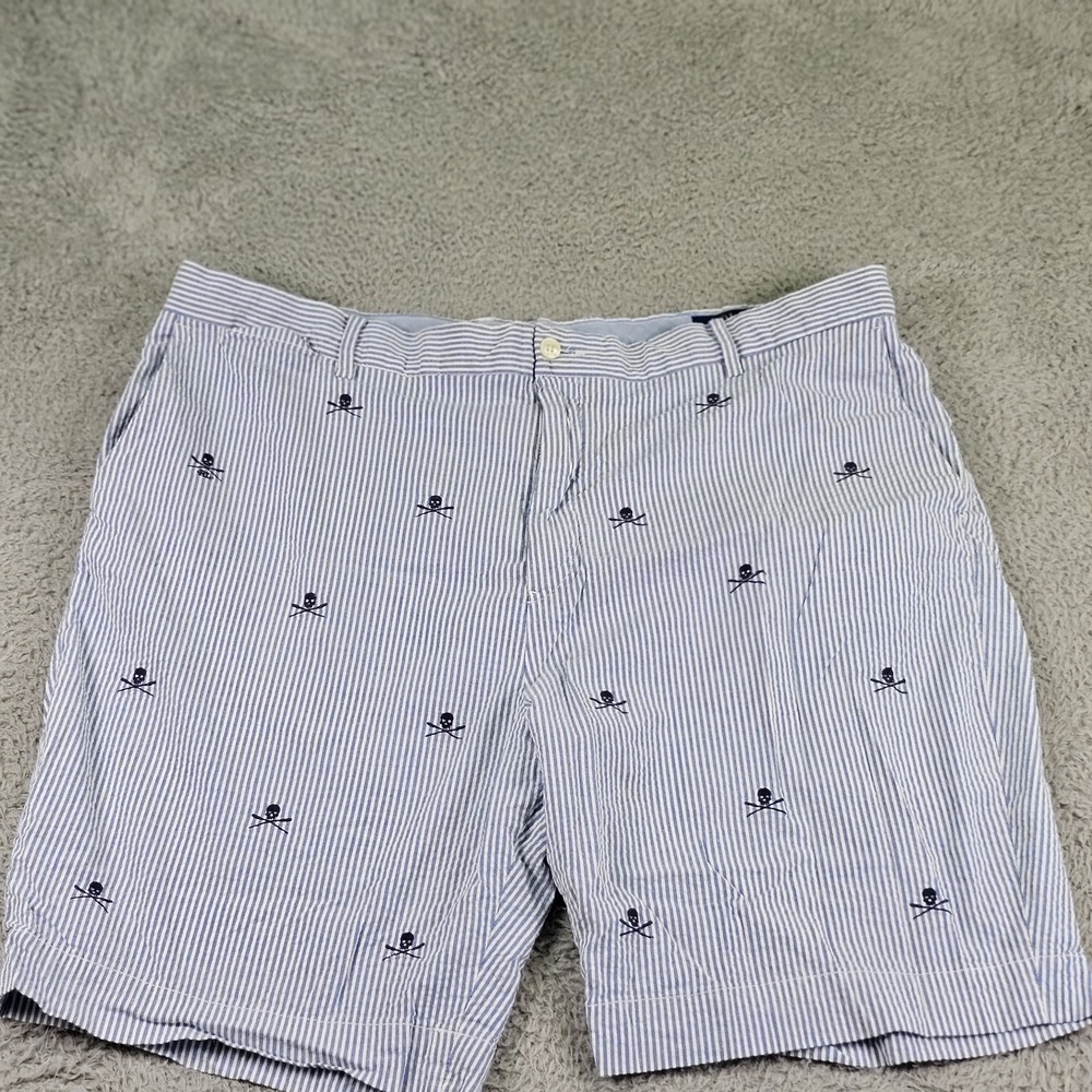 Polo Ralph Lauren Shorts Mens 36 Blue White Striped Seersucker Skull Embroidered